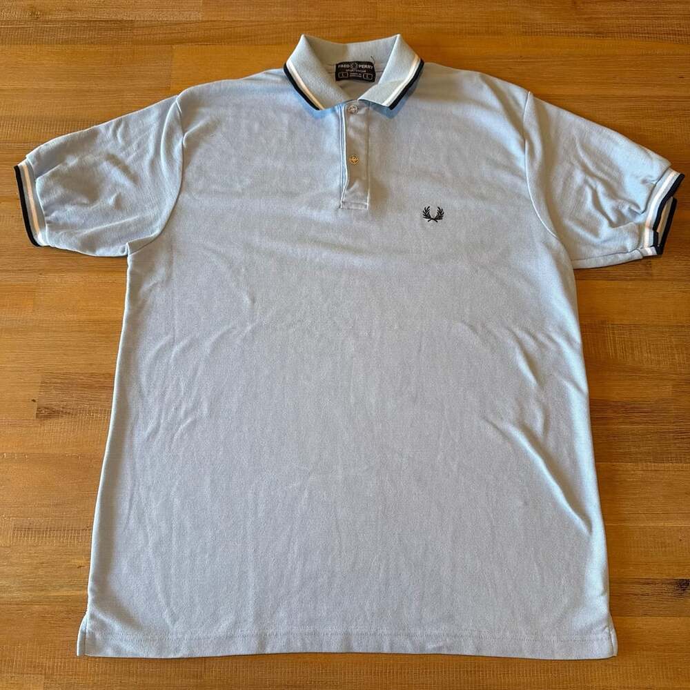Vintage Fred Perry Polo Shirt Light Blue Twin Tipped Made in England Men Size L